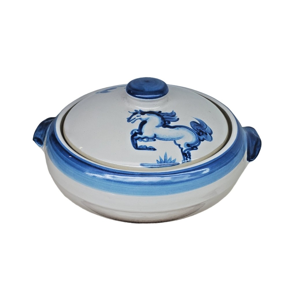 M A Hadley Blue Horses 2 Qt Round Covered Casserole Baking Dish & Lid 10" HTF